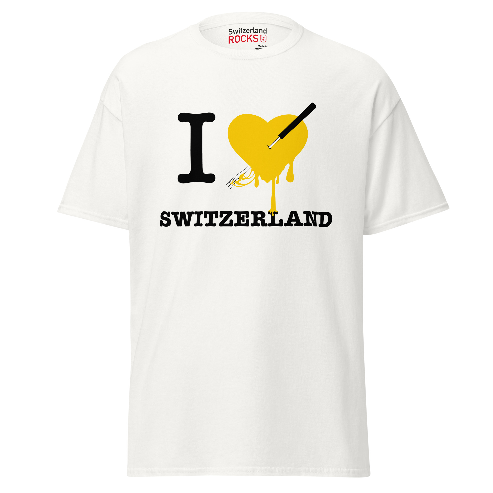 White T-shirt – Switzerland Rocks – Heart Fondue Men's Clothing Wearyt